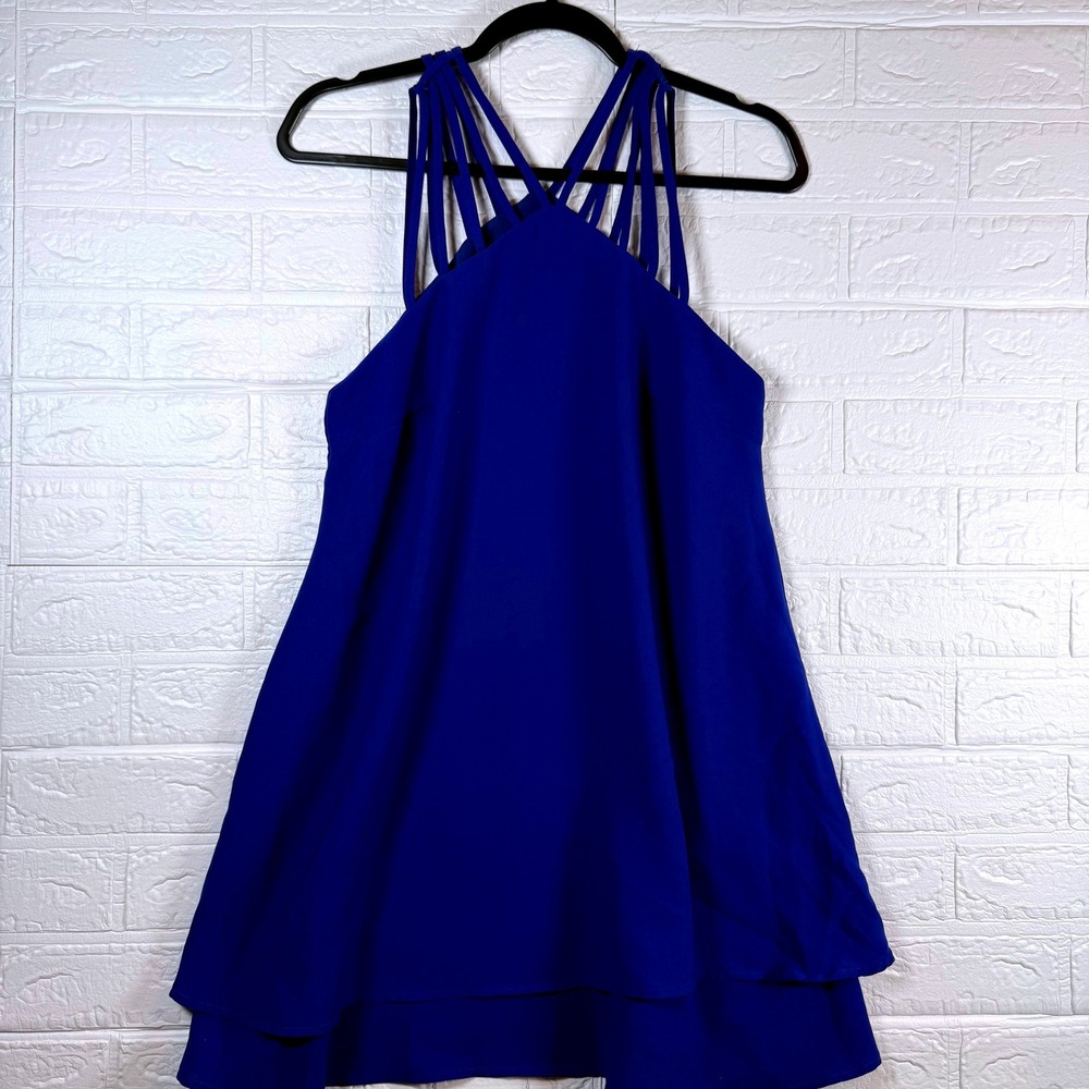 Fashion Nova Mini Dress Womens Small Blue Cage Neck Strappy Layered Hem